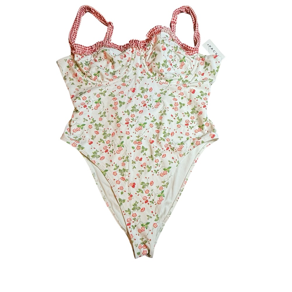 PacSun Swim Eco Floral Strawberry Underwire One Piece Swimsuit XL Gingham Tie